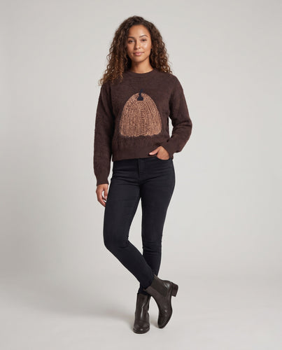 Damen Flauschiger Mohair-Optik Oversize-Pullover mit strukturierter Mittelmotiv-Applikation Nord Taschen