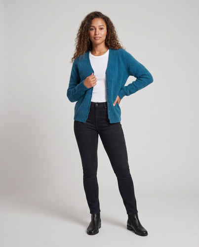 Damen Gefluffte V-Ausschnitt Strickjacke aus Mohair-Mix mit kurzem Saum Nord Taschen