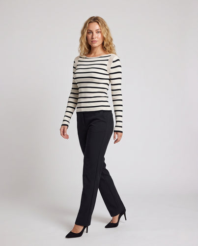 Damen Gestreiftes Feinstrick-Longsleeve mit U-Boot-Ausschnitt und Häkel-Schultereinsatz Nord Taschen