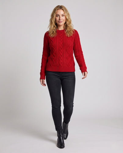 Damen Grobgestrickter Zopfmuster-Pullover mit Rundhalsausschnitt und entspannter Silhouette Nord Taschen
