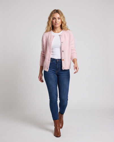 Damen Kurz geschnittener Flausch-Cardigan mit V-Ausschnitt und Schmuckknöpfen Nord Taschen