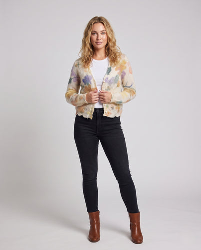 Damen Kurz geschnittener Mohair-Cardigan mit floralem Aquarellprint und Perlenknöpfen Nord Taschen