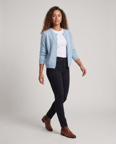 Damen Kuschelige Mohair-Optik Strickjacke mit Rundhalsausschnitt Nord Taschen