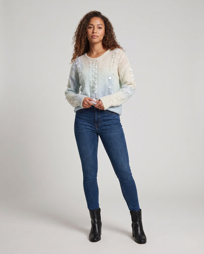 Damen Kuscheliger Mohair-Blend Rundhals-Pullover mit Perlenbesatz und zarter Ajourstruktur Nord Taschen