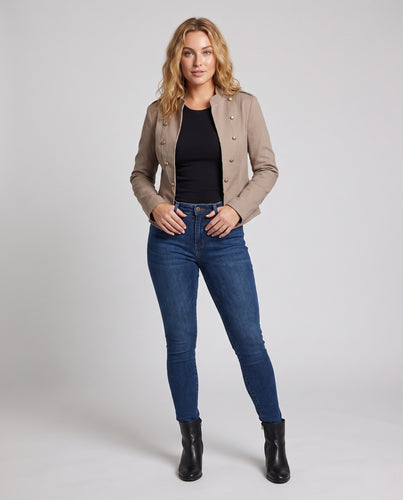 Damen Taillierte Militärblazer-Kurzjacke mit Stehkragen, Zierknopfleiste und Epauletten Nord Taschen