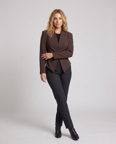 Damen Taillierter Abendblazer mit tiefem V‑Ausschnitt, asymmetrischer Zipfel‑Saum und dekorativer Knopfleiste Nord Taschen