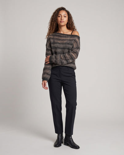 Damen Lässiger Off-Shoulder Flauschpullover mit Ajour-Streifen Nord Taschen