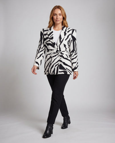 Damen Taillierter Blazer mit Zebramuster, Bindegürtel und Cut-Out-Schultern Nord Taschen