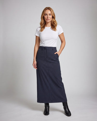 Damen Taillierter Midirock mit Nadelstreifen, hoher Taille und Seitentaschen Nord Taschen