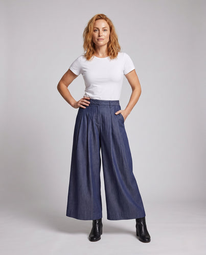 Damen Weite Culotte-Hose aus Denimoptik mit hoher Taille und soften Falten Nord Taschen