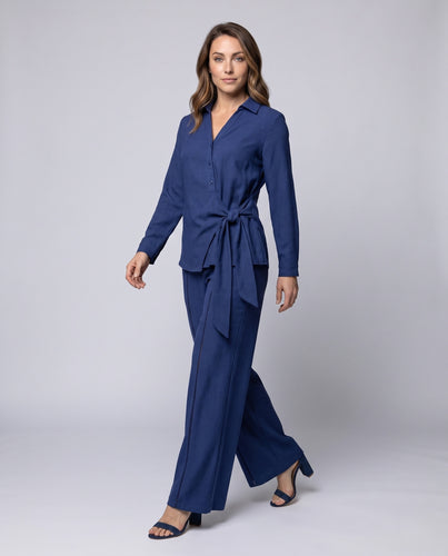 Damen Zweiteiliges Ensemble aus Wickelbluse mit Bindegürtel und weiter Leinenoptik-Hose Nord Taschen