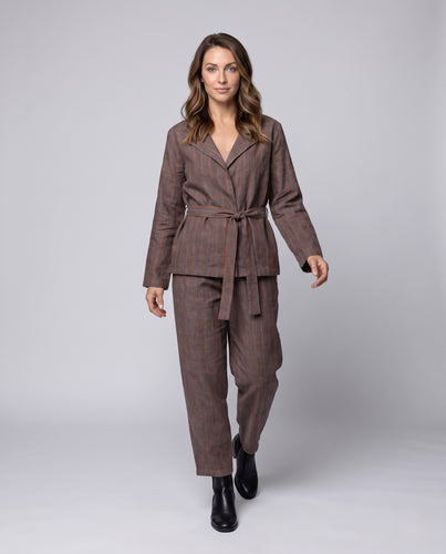 Damen Zweiteiliges Leinen-Lounge-Set mit Taillengürtel und elastischer Bundhose Nord Taschen