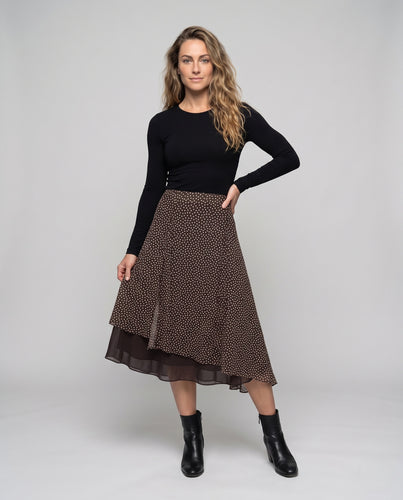 Damen Asymmetrischer Chiffon-Midirock mit Tupfenmuster und mehrlagigem Volant Nord Taschen