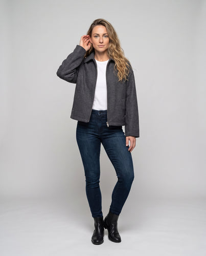 Damen Boxy Wollmix-Kurzjacke mit Reißverschluss und Leistentaschen Nord Taschen