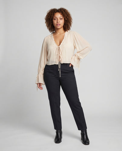 Damen Cropped Bluse mit Spitzenbesatz, Bindebändern und weiten Ballonärmeln Nord Taschen