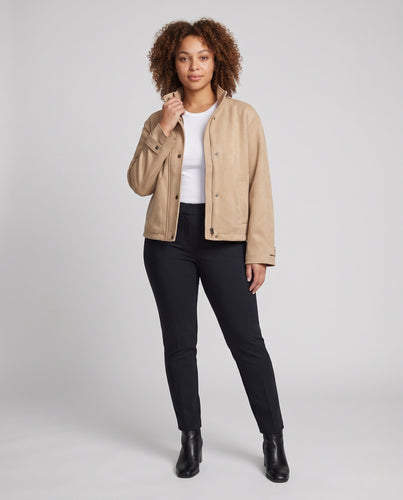 Damen Cropped Jacke in Wildleder‑Optik mit Stehkragen, kastiger Silhouette und Druckknopfleiste Nord Taschen