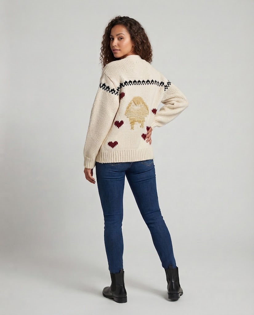 Damen Oversize Grobstrick-Cardigan mit Herz-Intarsien und Schalkragen Nord Taschen