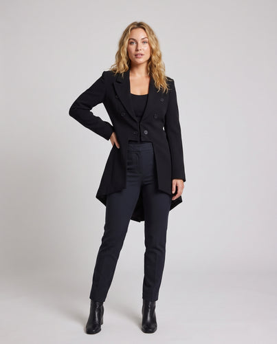 Damen Doppelreihiger Longblazer mit Schalkragen, Cut-Out-Taillenpartie und geschlitztem Saum Nord Taschen