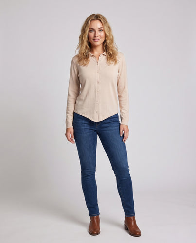 Damen Feiner Strick-Cardigan mit Hemdkragen und durchgehender Knopfleiste Nord Taschen