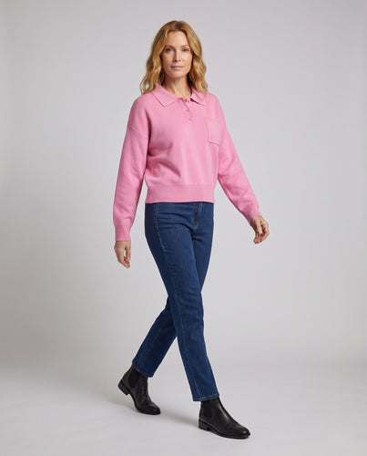 Damen Feinstrick-Polo-Pullover mit aufgesetzter Brusttasche und oversized Silhouette Nord Taschen