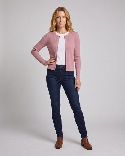 Damen Gerippte Feinstrick-Cardigan mit Rundhals und durchgehender Knopfleiste Nord Taschen