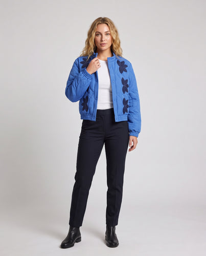 Damen gesteppte Bomberjacke mit Stehkragen, floraler Applikation und elastischem Saum Nord Taschen