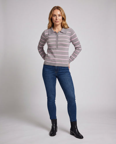 Damen Gestreifter Feinstrick-Polopullover mit halber Knopfleiste und Rippbündchen Nord Taschen