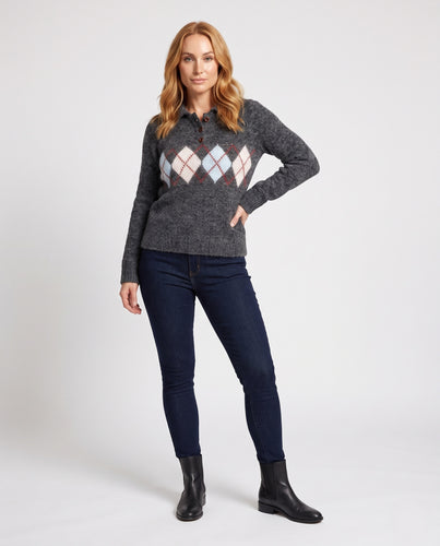 Damen Grobgestrickter Pullover mit großem Umlegekragen, Knopfleiste und Argyle-Muster Nord Taschen