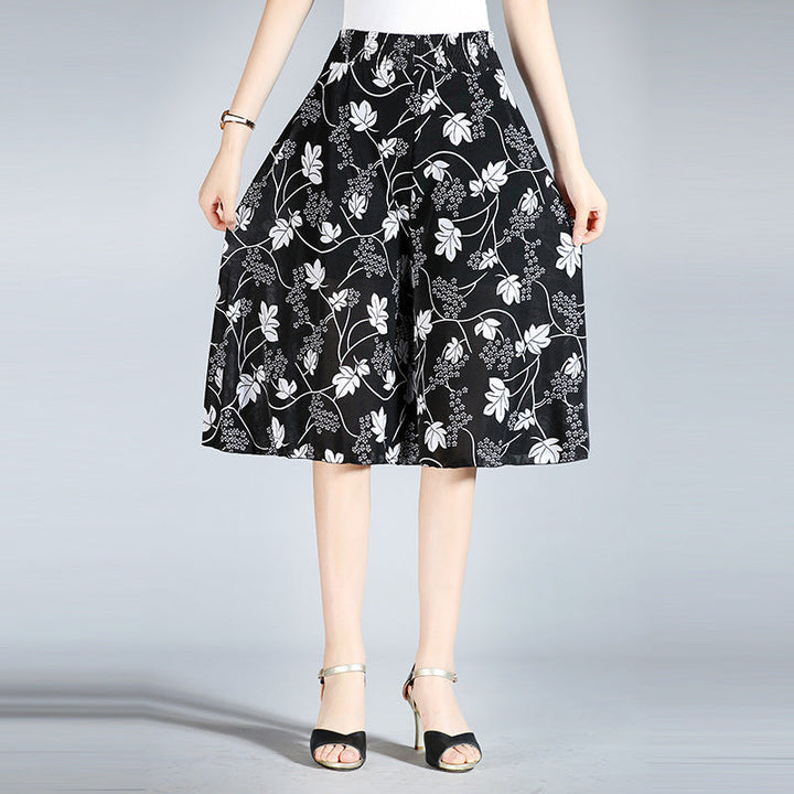 Damen Chiffon Culottes mit Breiten Beinen und Hoher Elastischer Taille