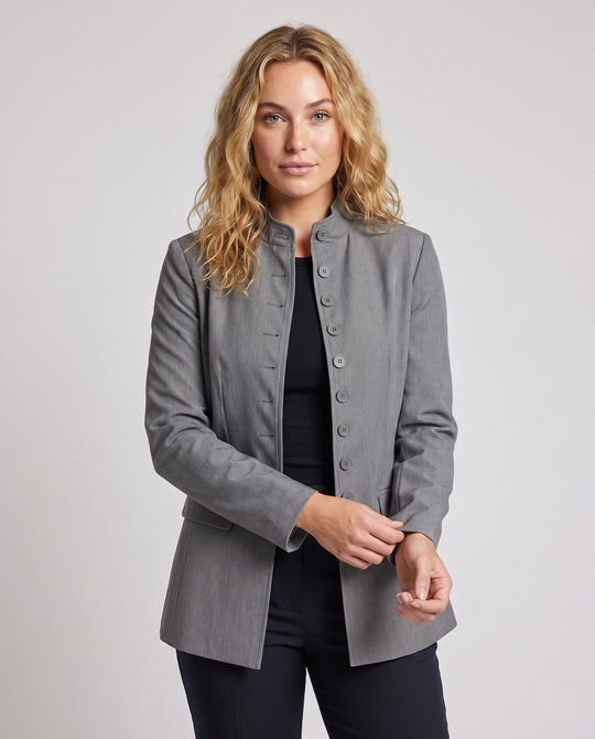 Damen Lang geschnittener Blazer mit Stehkragen und durchgehender Knopfleiste Nord Taschen