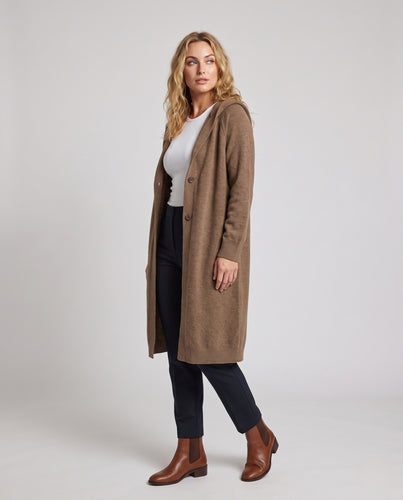 Damen Langer Kapuzen-Strickcardigan mit Knopfleiste, gerippten Bündchen und legerem Oversize-Schnitt Nord Taschen