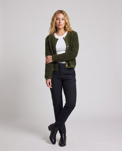 Damen Kurzgeschnittener Bouclé-Cardigan mit Knopfleiste und Rundhalsausschnitt Nord Taschen