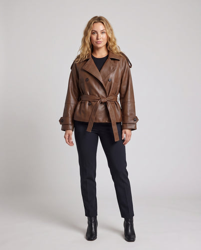 Damen Kurzjacke Doppelreihiger Kunstleder-Trench mit Taillengürtel und Schulterklappen Nord Taschen