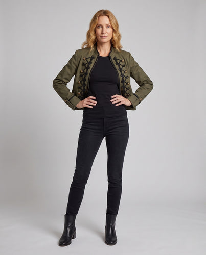Damen Kurzjacke im Militärstil mit dekorativen Kordelbesätzen und Stehkragen Nord Taschen