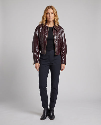 Damen Lackleder-Cropped-Jacke mit Reißverschluss und Epauletten Nord Taschen
