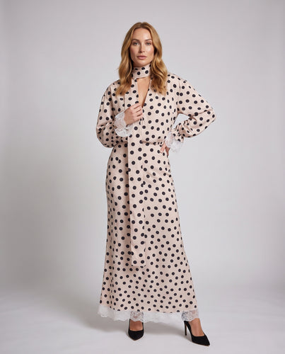 Damen Langärmliges Maxikleid mit Polka‑Dot, Taillengürtel und Spitzenbesatz Nord Taschen