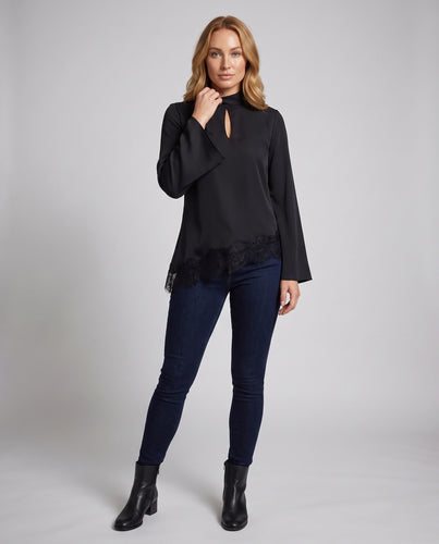 Damen Lange Flare-Ärmel Bluse mit Stehkragen, Nackenschlitz und asymmetrischem Spitzenbesatz Nord Taschen
