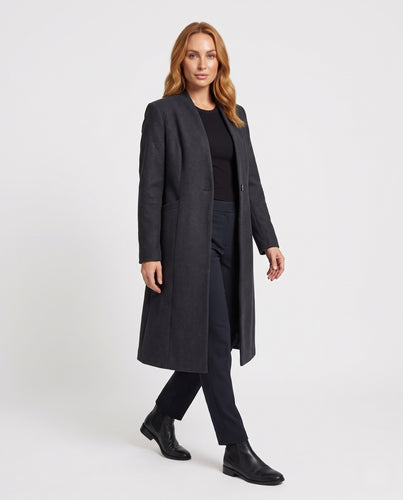 Damen Langer taillierter Wollmantel mit Stehkragen-Optik und Eingrifftaschen Nord Taschen