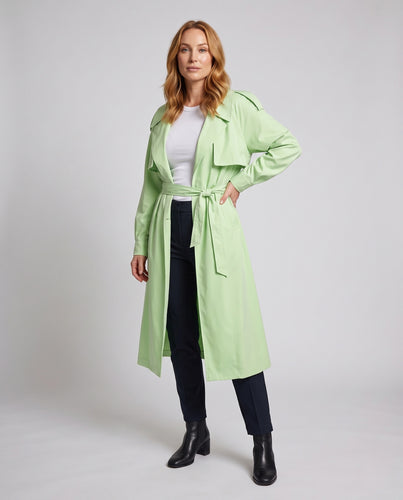 Damen Langer Trenchcoat-Mantel mit Bindegürtel und Epauletten Nord Taschen