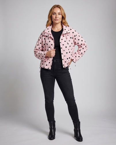 Damen Leichte Punkteprint Windjacke mit Stehkragen, Knopfleiste und Tunnelzugsaum Nord Taschen