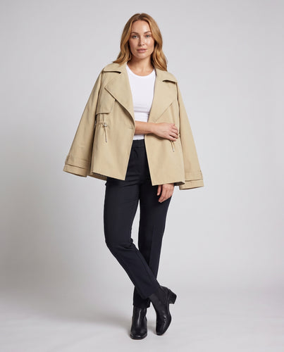 Damen Leichter Kurz‑Trenchcoat mit Tunnelzugtaillierung, oversized Revers und 3/4‑Ärmeln Nord Taschen