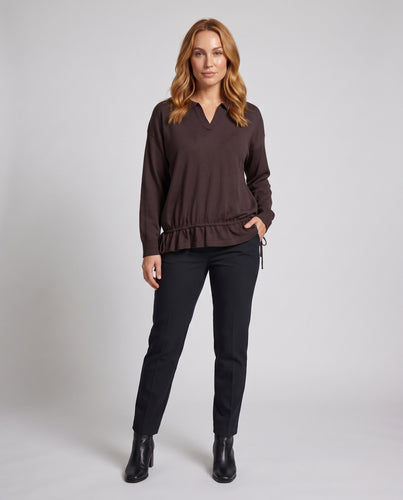 Damen Lockere Strickpullover mit Polokragen V‑Ausschnitt und Tunnelzugsaum Nord Taschen