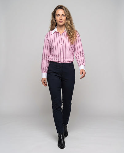 Damen Oversize-Seidenoptik-Bluse mit Kontrastkragen und vertikalen Streifen Nord Taschen