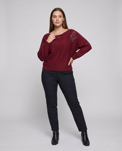 Damen Oversized-Feinstrickpullover mit U-Boot-Ausschnitt, Perlen‑Schulterapplikation und geripptem Saum Nord Taschen