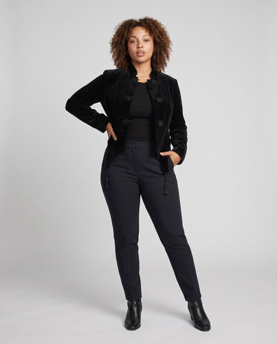 Damen Samt-Cropped-Jacke mit Stehkragen, dekorativen Knotenverschlüssen und geschwungenem Saum Nord Taschen