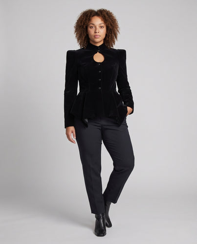 Damen Samt-Peplum-Jacke mit Stehkragen, Cut-Out-Front und betonten Schultern Nord Taschen
