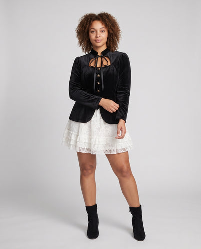 Damen Samtblazer-Kleid mit Schleifenkragen, tailliertem Peplum und Spitzen-Volant Nord Taschen