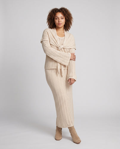 Damen Strick-Set aus transparentem Lochmuster‑Cardigan mit Bindegürtel und Midirock Nord Taschen