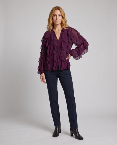 Damen Volant-Chiffonbluse mit transparenten Lagen, V‑Ausschnitt und Ballonärmeln Nord Taschen