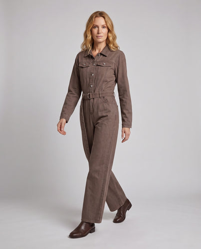 Damen Weicher Denim-Overall mit Taillengürtel und weitem Bein Nord Taschen